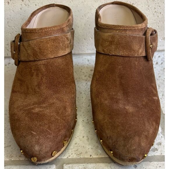 Veronica Beard Dacey Heeled Slip On Clogs Brown Suede Clogs Gold Accents Sz 11 - Picture 3 of 15